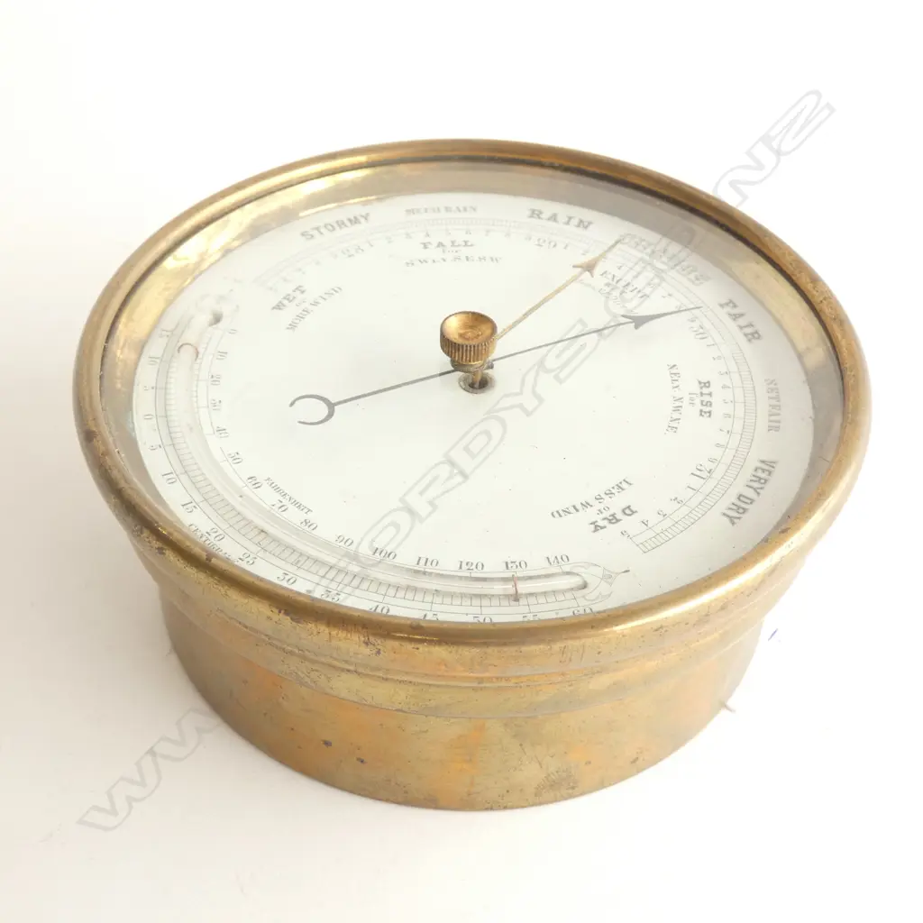 BRASS CASE BAROMETER - WORKING ORDER BUT THERMOMETER BROKEN 125mm dia Image 1++