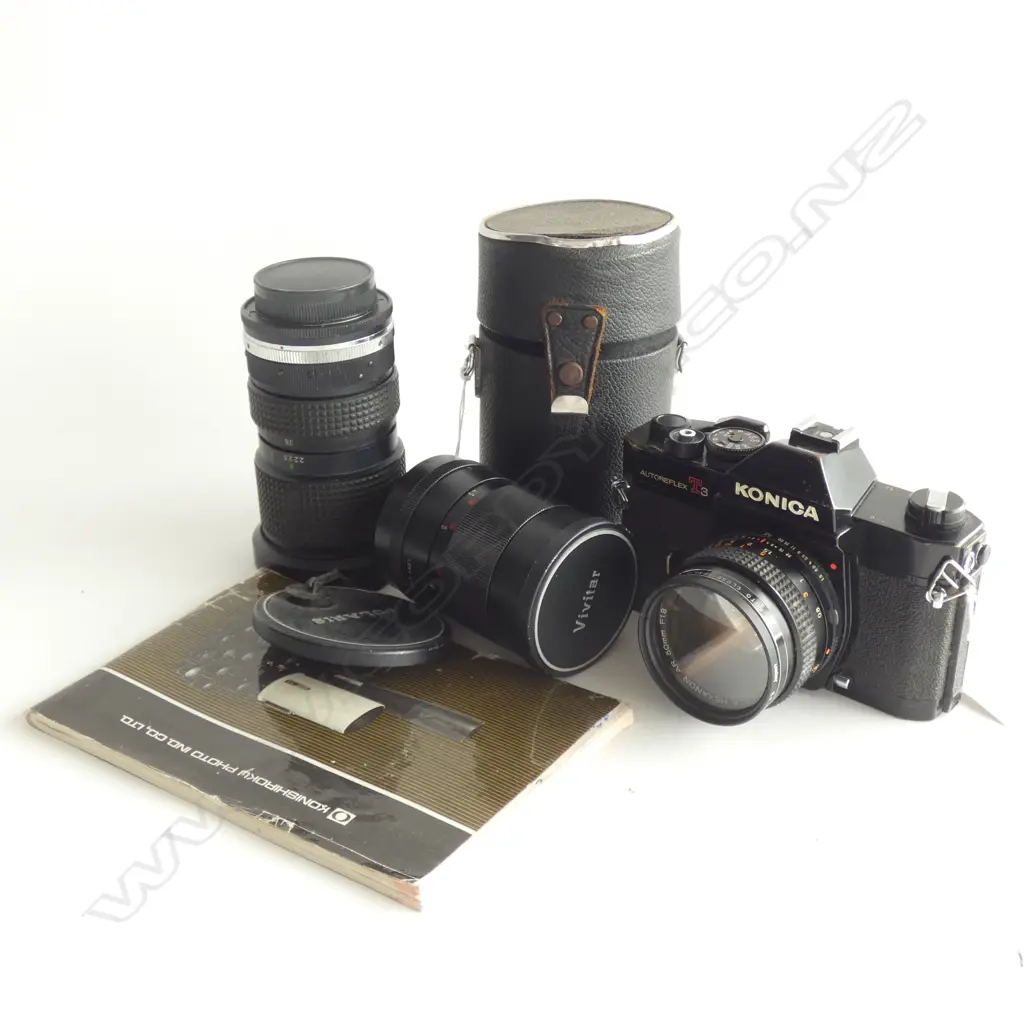KONICA AUTROREFLEX T3 50mm CAMERA + INSTRUCTIONS + 2 LENSES; VIVITAR & POLARIS Image 1++