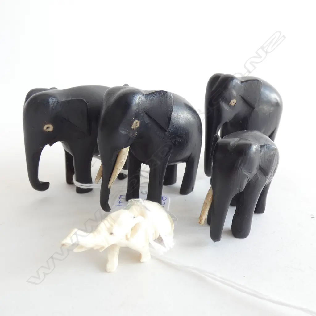4 EBONY ELEPHANTS (TUSKS MISSING ON 3 ) L 52MM + SM IVORY ELEPHANT L 43MM) Image 1++