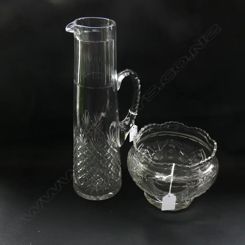 CUT GLASS SCALLOPED RIM FOOTED BOWL DIA 155MM & TALL WATER JUG H. 345MM Image 1++