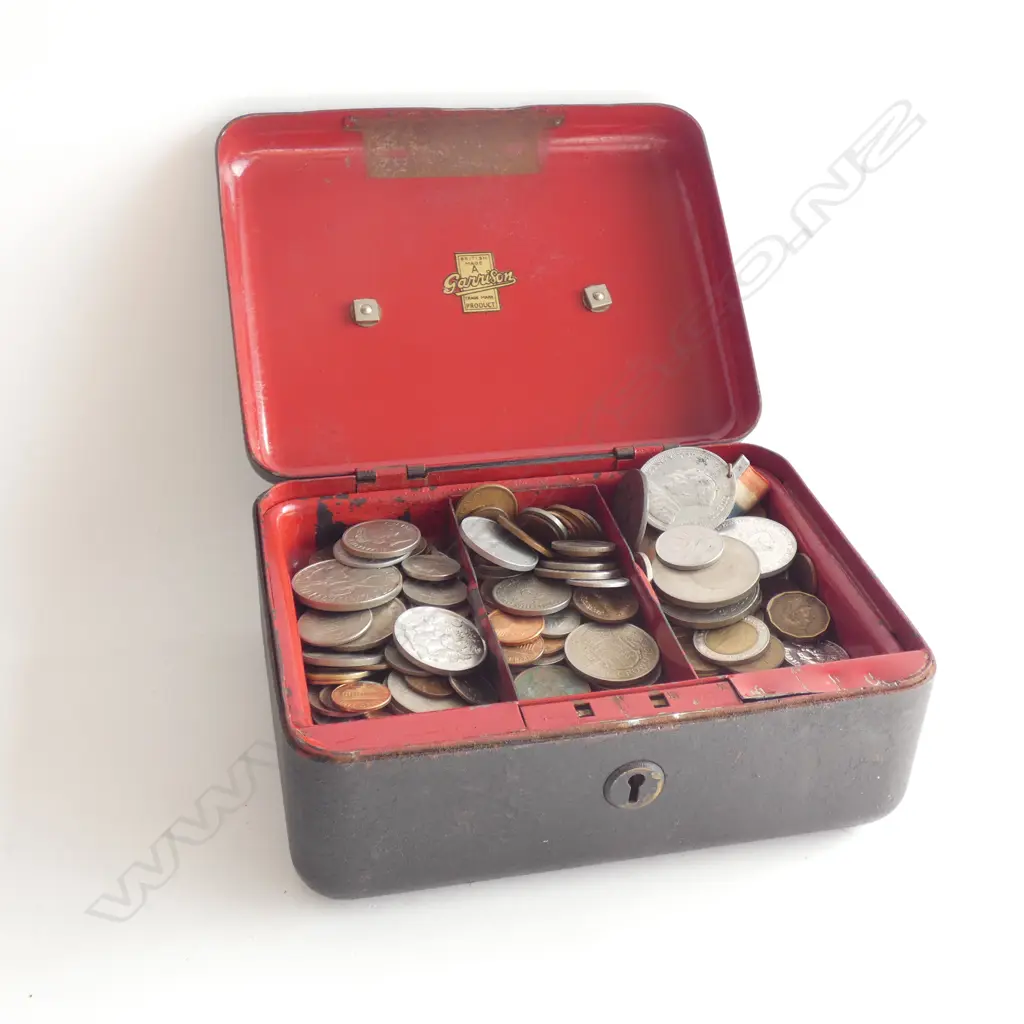 BLACK SAFE BOX ASST. WORLD NOTES & COINS Image 1++
