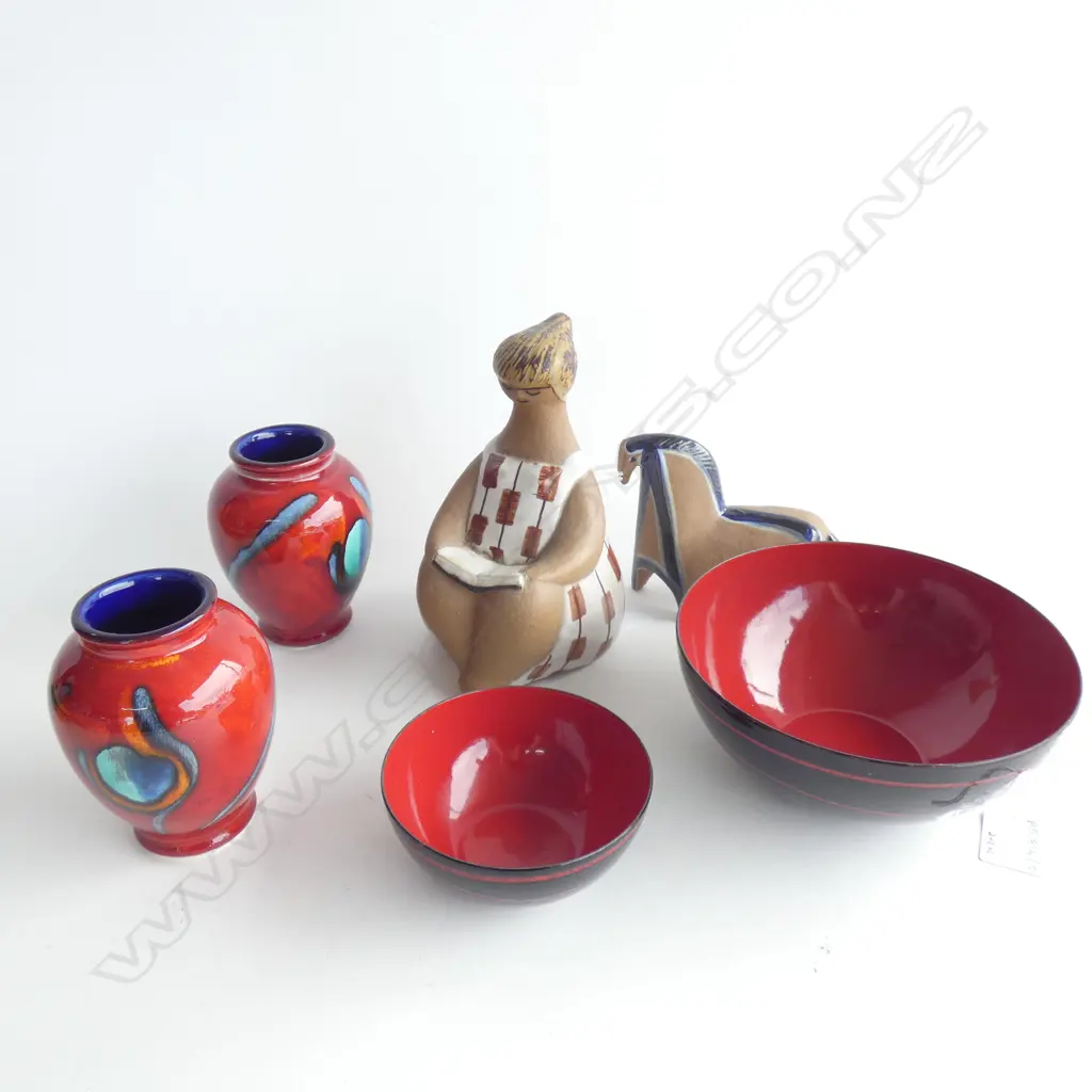 MID CENTURY LISA LARSON GUSTAVSBERG FIGURINE H.160mm + HORSE + 2 RED POOLE VASES & 2 RED ENAMEL BOWLS  Image 1++
