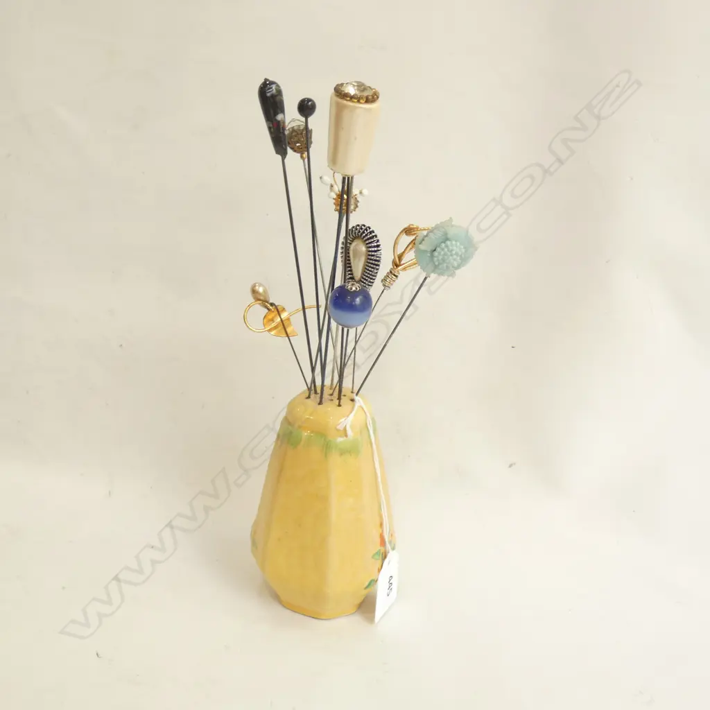 12 ANTIQUE HAT PINS IN YELLOW CHINA HOLDER  Image 1++