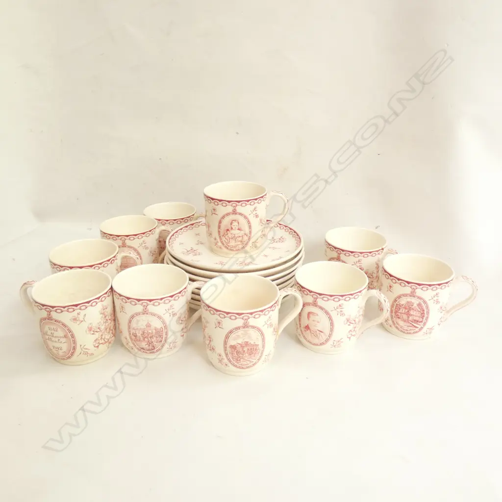 WEDGWOOD ATLANTA US CITY COUNCIL  PINK & WHITE DEMITASSE SET; 10 CUPS 8 SAUCERS; DARK STAINING INSIDE SOME CUPS Image 1++