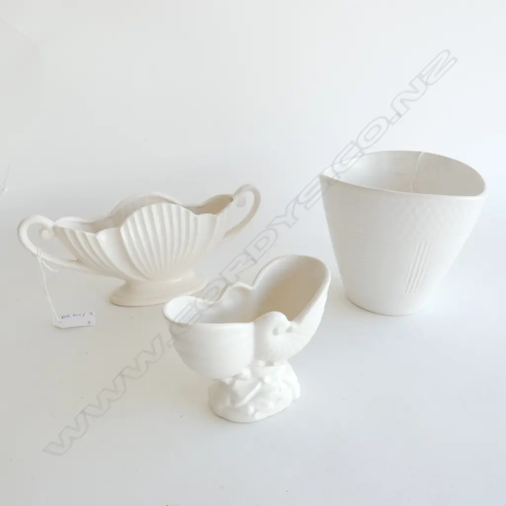 2 WHITE CROWN LYNN VASES; #677 & #312 H.130mm + ONE ENGLISH  Image 1++