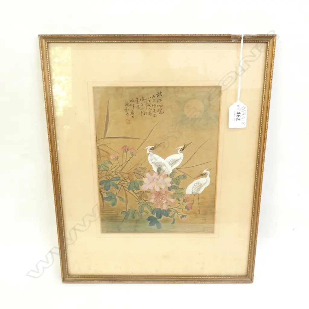 FRAMED  ORIENTAL STORKS WITH CHINESE INSCRIPTION 170 X 215MM FOXING Image 1++