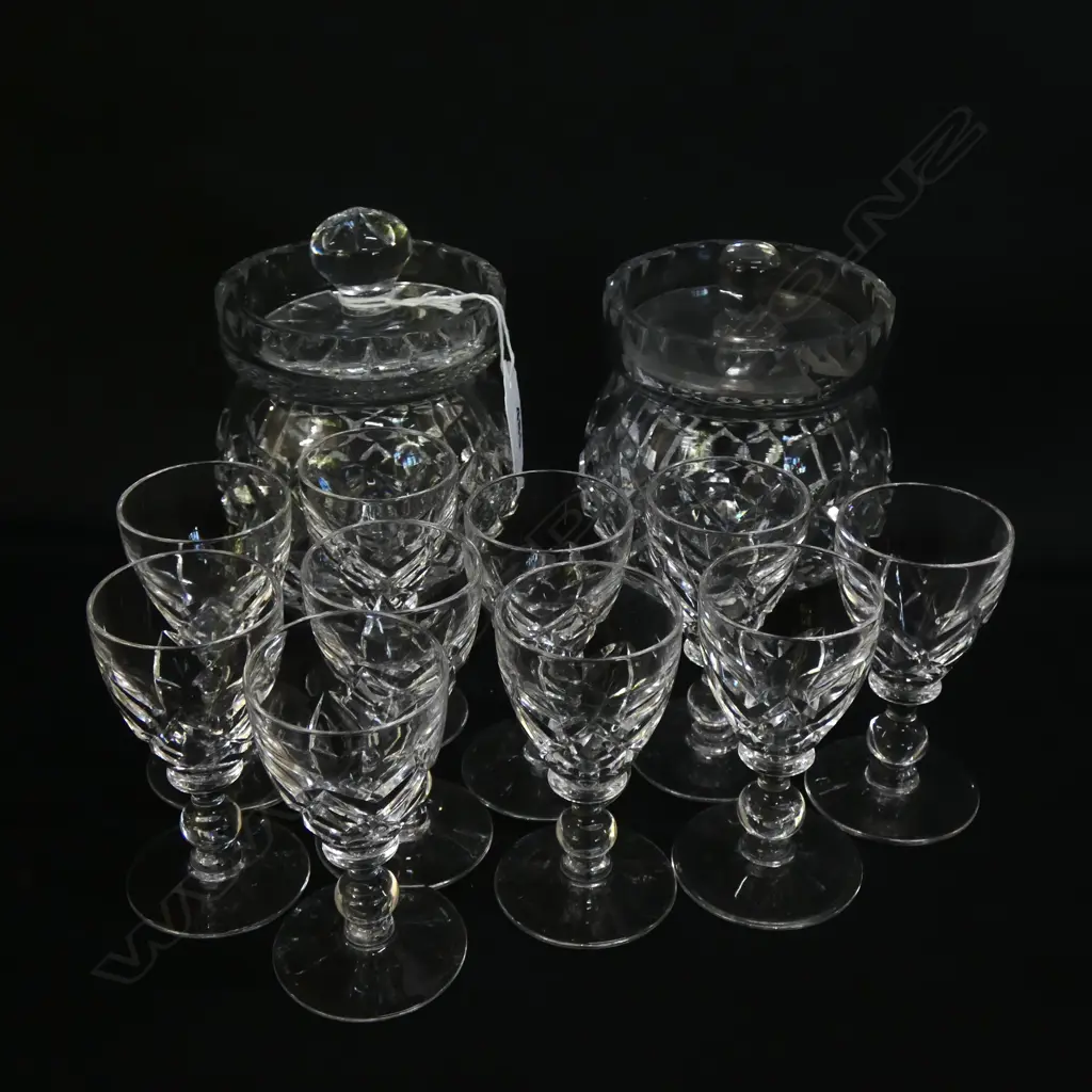 SET 10 STUART CRYSTAL LIQUER GLASES + 2 LIDDED POTS.. Image 1++