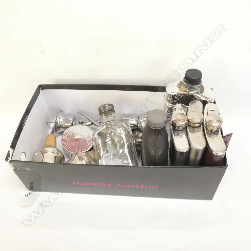 6 HIPFLASKS & 5 SPIRIT POURERS; LIONS HEAD ETC Image 1++