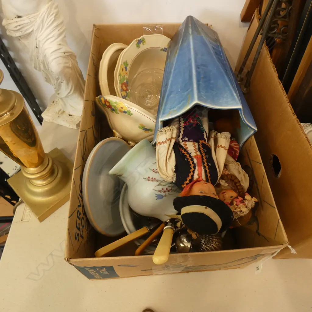 BOX LOT BUCHAN SCOTTISH STONEWARE, CUTLERY, DECO TUREENS & BLUE VASE ETC Image 1++