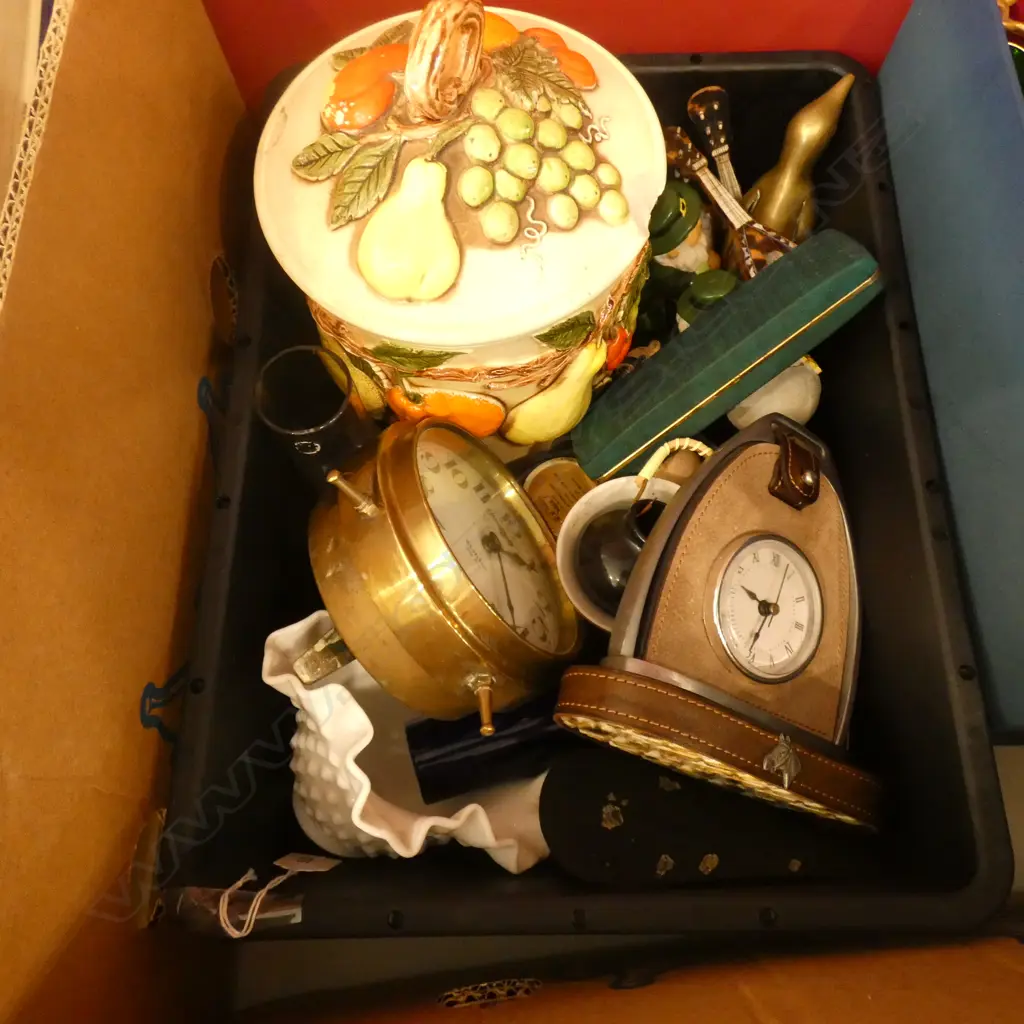 BOX LOT CLOCKS, BISCUIT BARREL ETC Image 1++