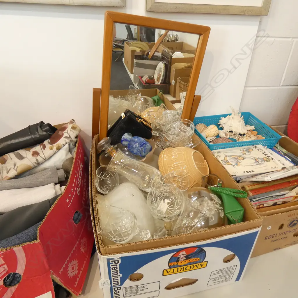 BOX LOT ASST. LIGHT SHADES, CRYSTAL, BAGS, MIRROR ETC Image 1++