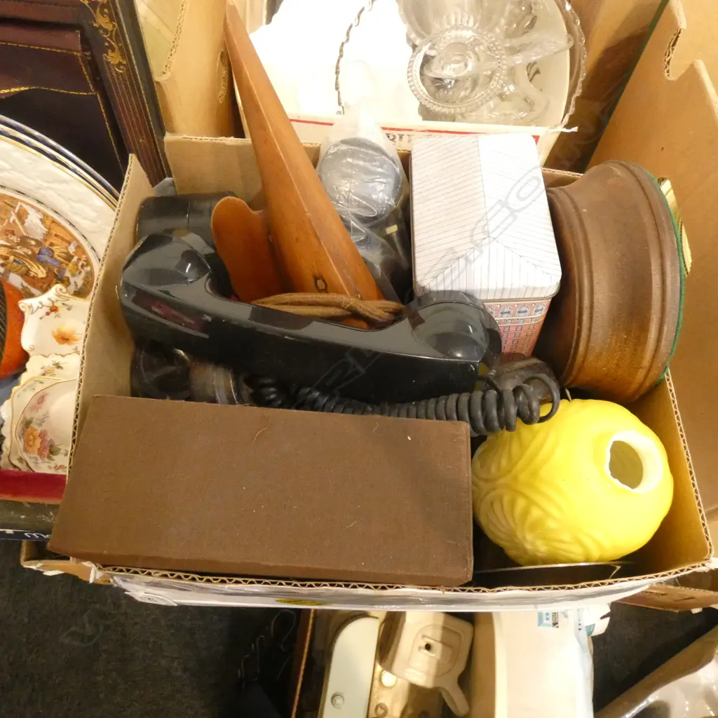 BOX LOT ASST. OLD PHONE RECIEVER, TINS ETC Image 1++