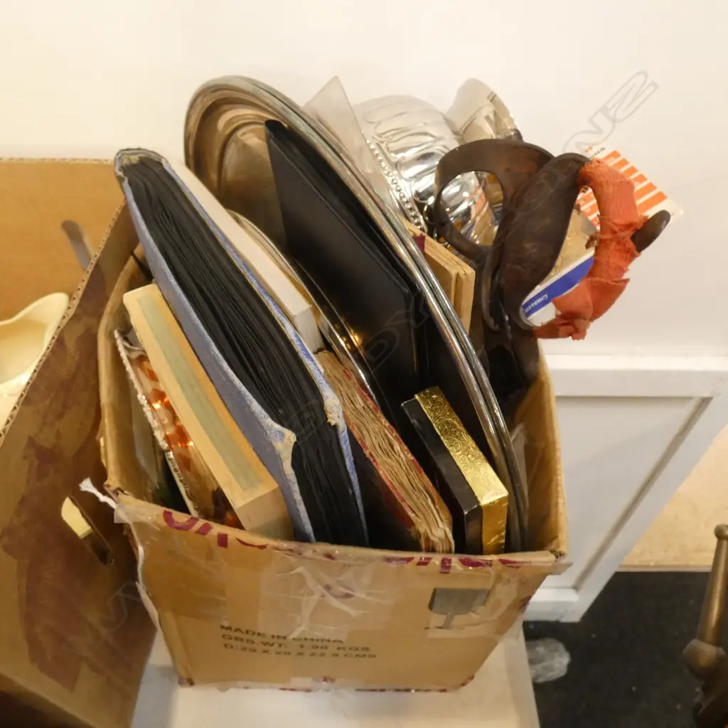 BOX LOT ASST. SILVER PLATE TRAYS, BOOKS, MOSTLY EMPTY COIN ALBUMS ETC Image 1++