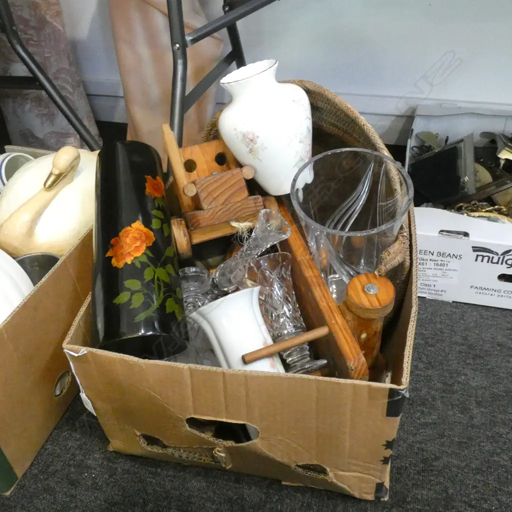 BOX LOT SILVERPLATE, WOODEN TOY, CRYSTAL ETC Image 1++