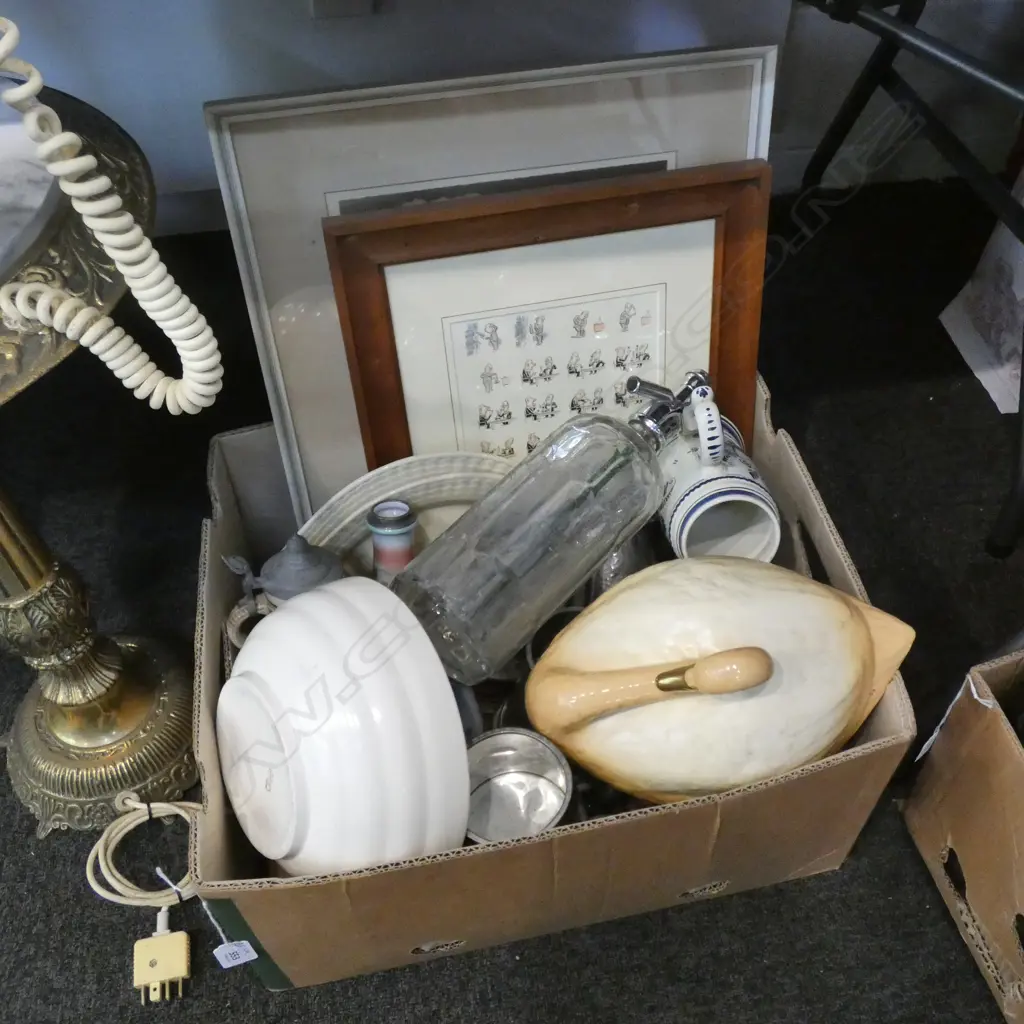 BOX LOT TANKARDS, 2 ARTWORKS, WHITE SPODE BOWL, SODA SIPHON ETC Image 1++