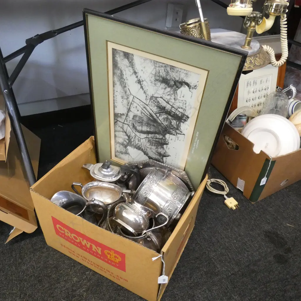 BOX LOT ASST. SILVER PLATE & CRYSTAL BOWL + EARLY AUCKLAND PRINT Image 1++
