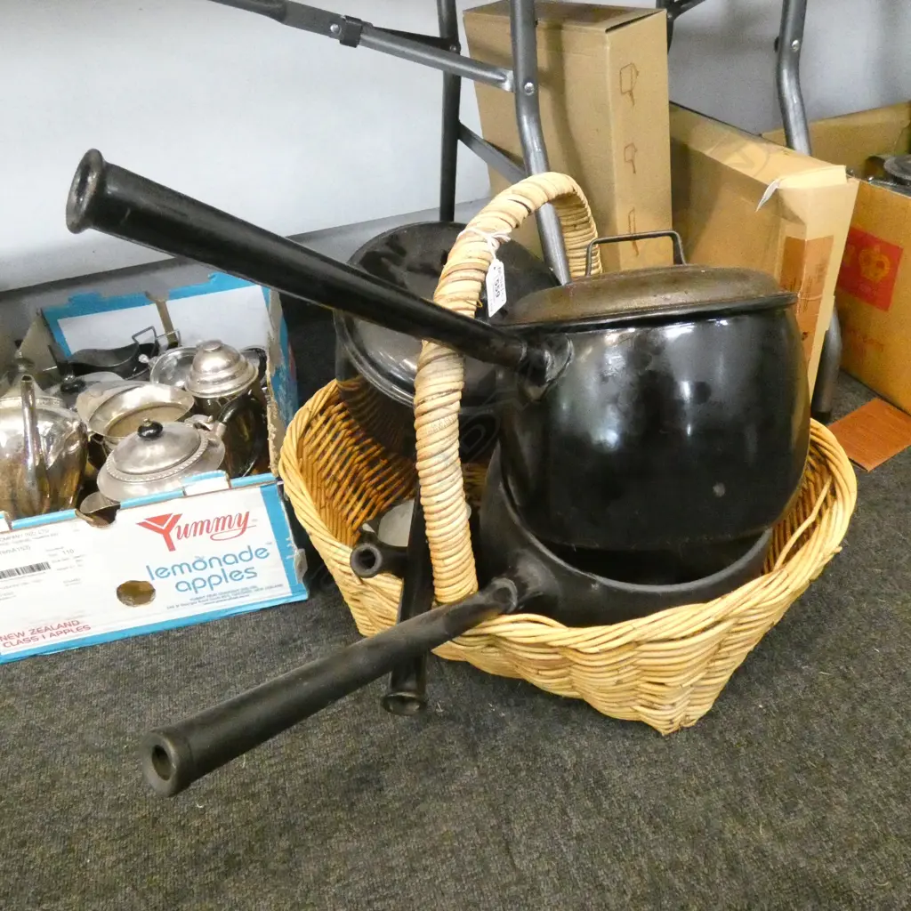 WOVEN CANE BASKET & 4 BLACK METAL POTS Image 1++
