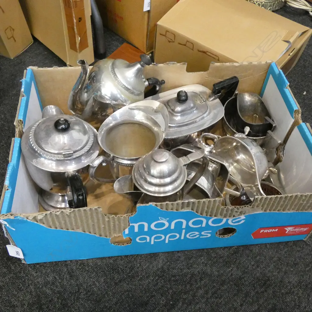 BOX LOT ASST. SILVER PLATE TEA POTS ETC Image 1++