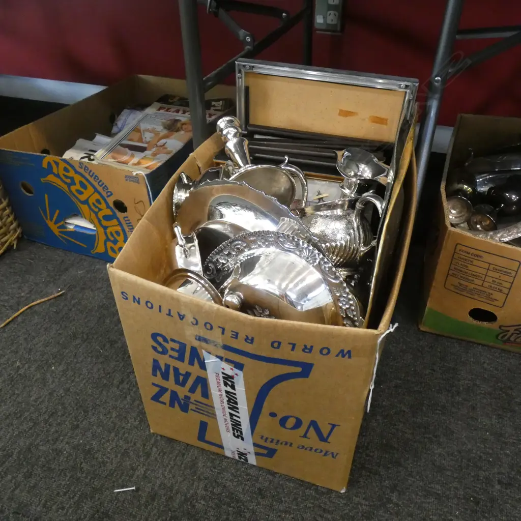 BOX LOT ASST. PRINTS & SILVER PLATE Image 1++