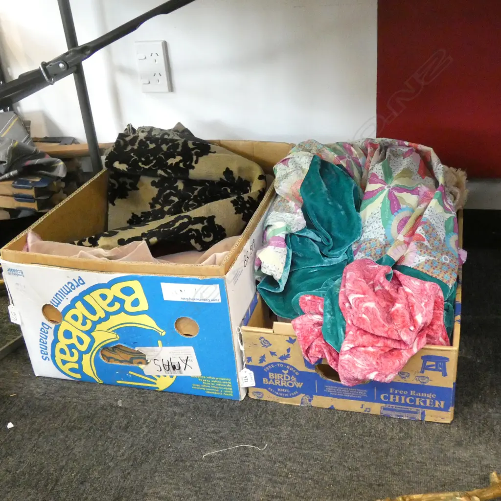 2 BOXES ASST. FABRIC & TRIMS, 2 BED THROWS ETC Image 1++