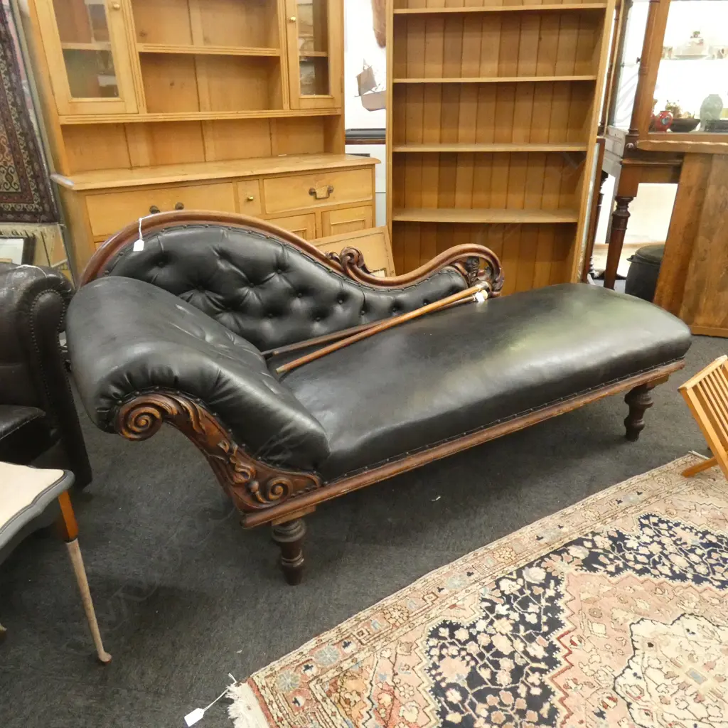 VICTORIAN CHAISE LOUNGE BLACK VINYL UPHOLSTERY Image 1++