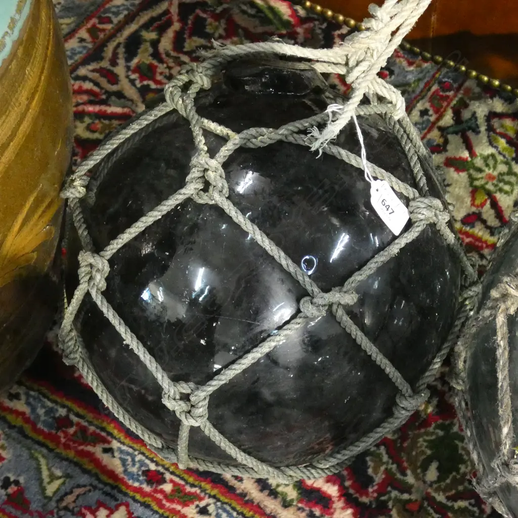 OLD GLASS LARGE FISHING FLOAT WITH NETTING Dia.320mm Image 1++