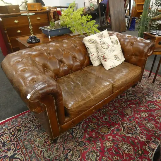 BROWN LEATHER CHESTERFIELD SOFA W.1800mm