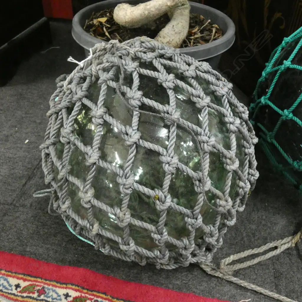 OLD GLASS LARGE FISHING FLOAT WITH GREY NETTING 330mm dia Image 1++