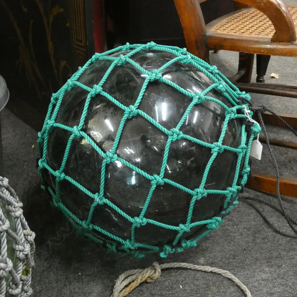 OLD GLASS LARGE FISHING FLOAT WITH GREEN NETTING 390mm dia Image 1++