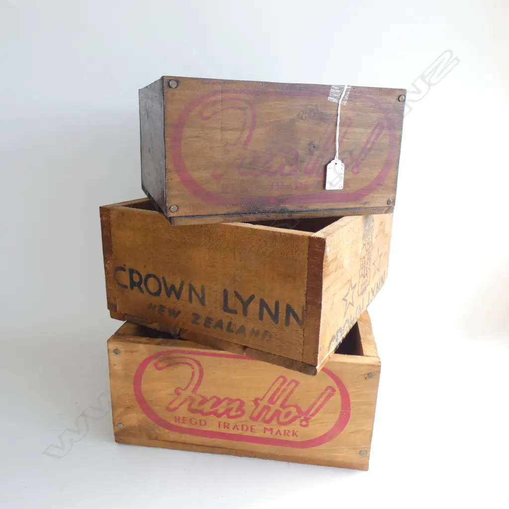 3 WOODEN CRATES; 1 STAMPED CROWN LYNN / 2 STAMPED FUN HO LARGEST  330 X 310MM Image 1++