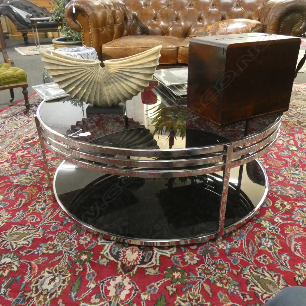 ART DECO STYLE COFFEE TABLE; CHROME & BLACK GLASS 1000mm dia Image 1++