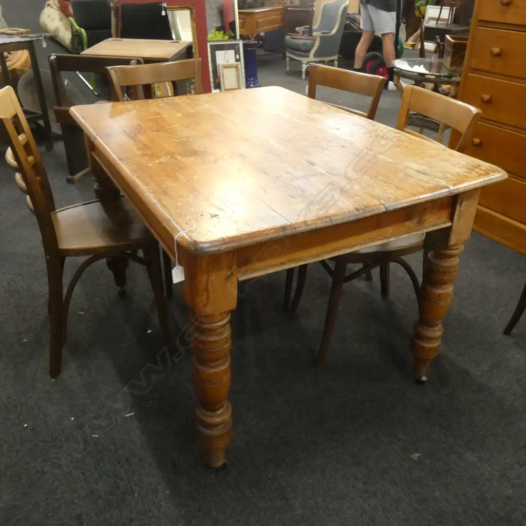 OLD PINE KITCHEN TABLE - ONE DRAWER TURNED LEGS (TOP IN NEED OF ATTENTION) 1200 X 860MM Image 1++