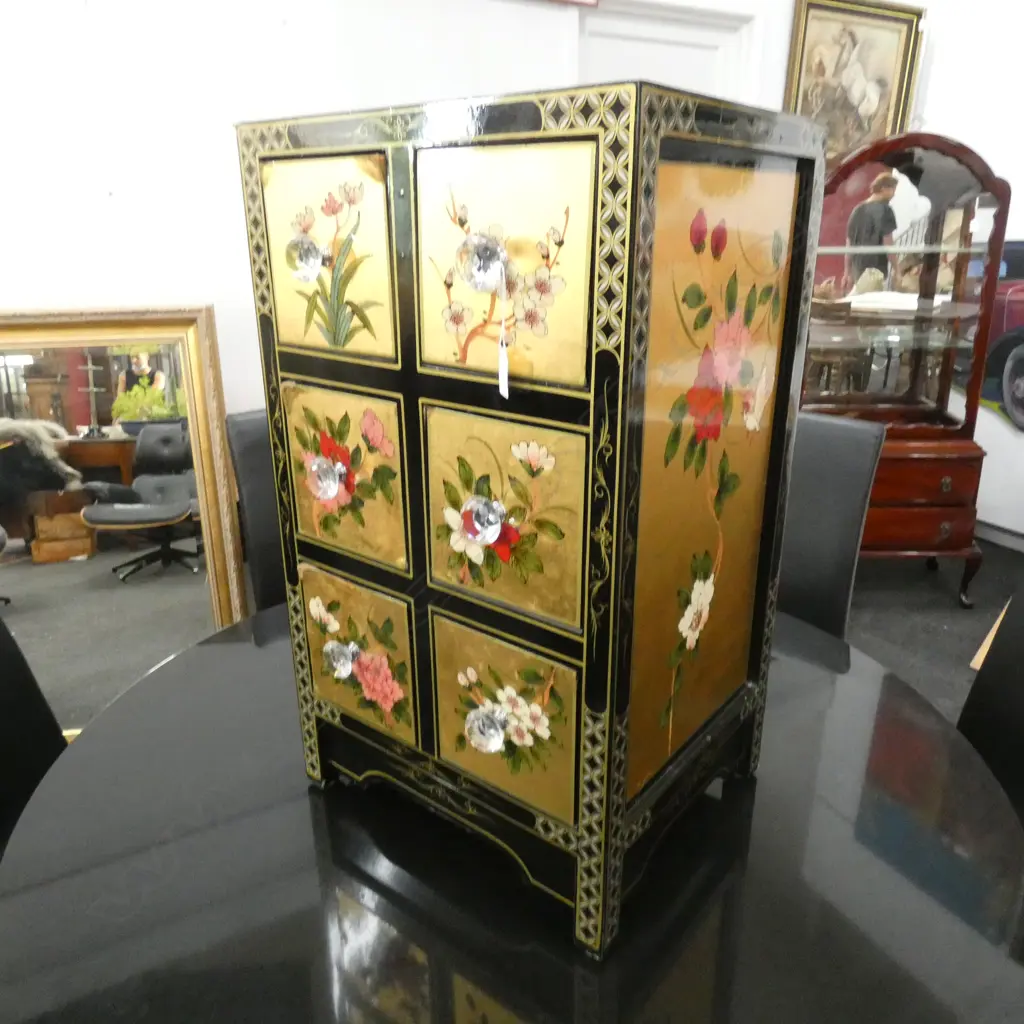 ORIENTAL LACQUER CHEST OF DRAWERS - GLASS HANDLES - 6 DRAWERS A/F  430 X 360 X 740MM Image 1++