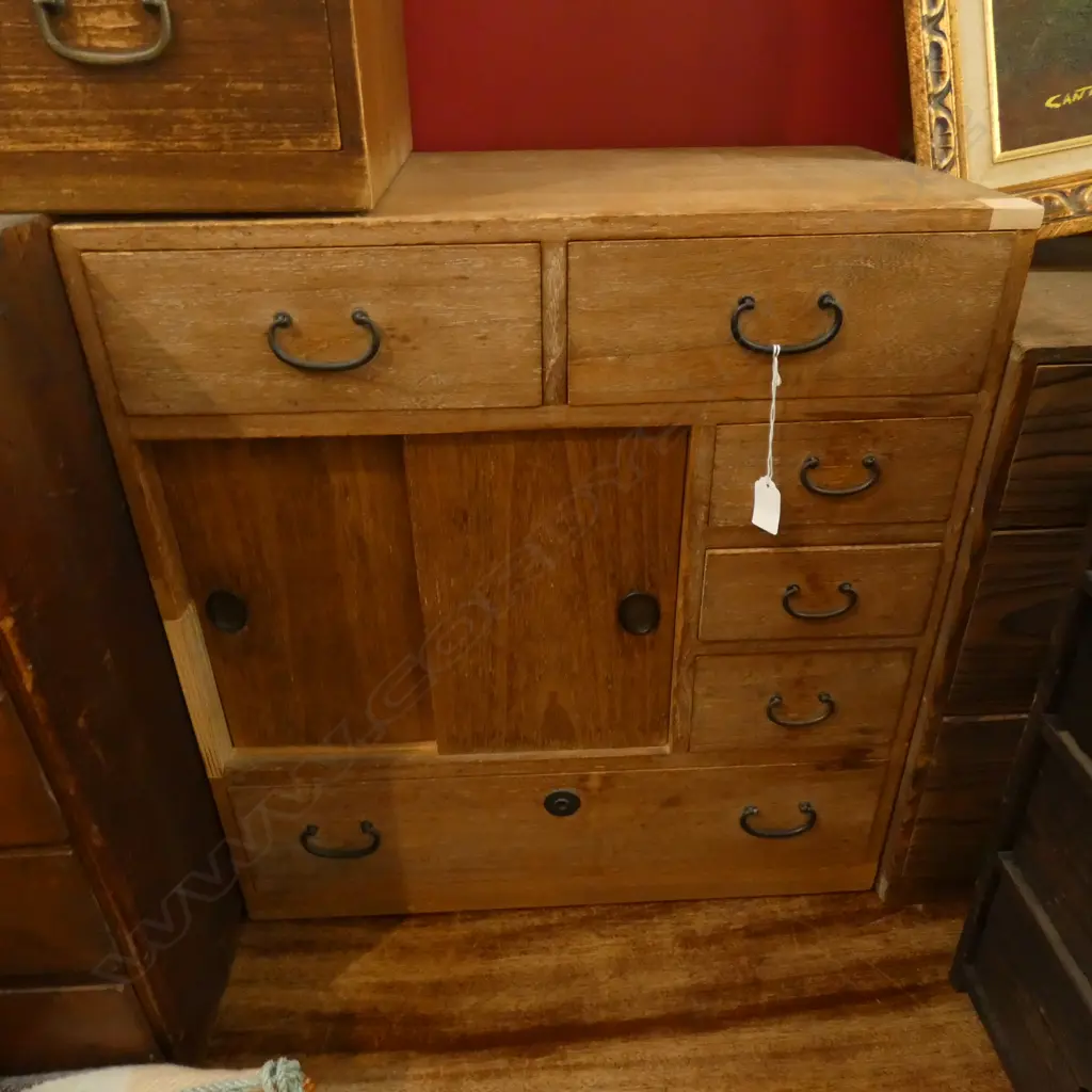 SM VINTAGE JAPANESE KO-DANSU CABINET - 6 DRAWERS & 2 SLIDING DOORS  450 X 310 X 580MM Image 1++