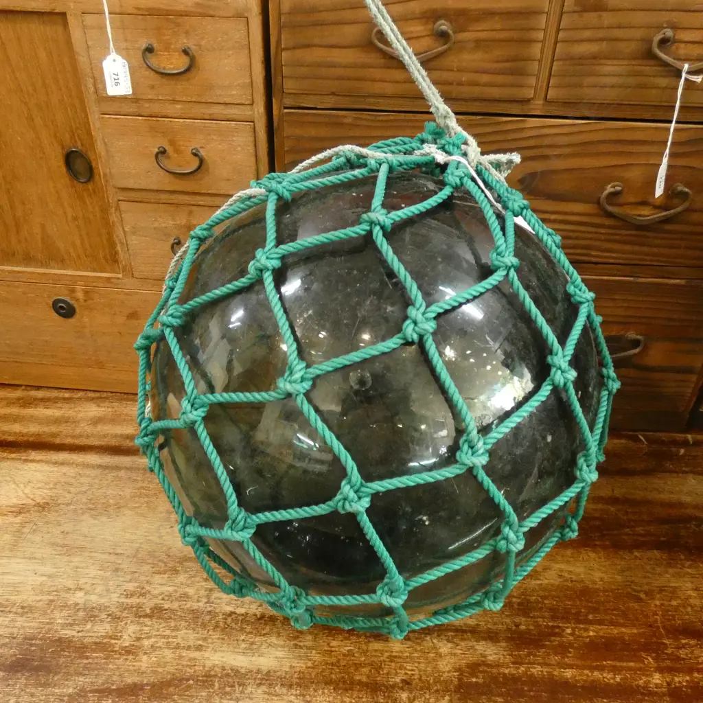 OLD GLASS LARGE FISHING FLOAT WITH GREEN NETTING 390mm dia Image 1++