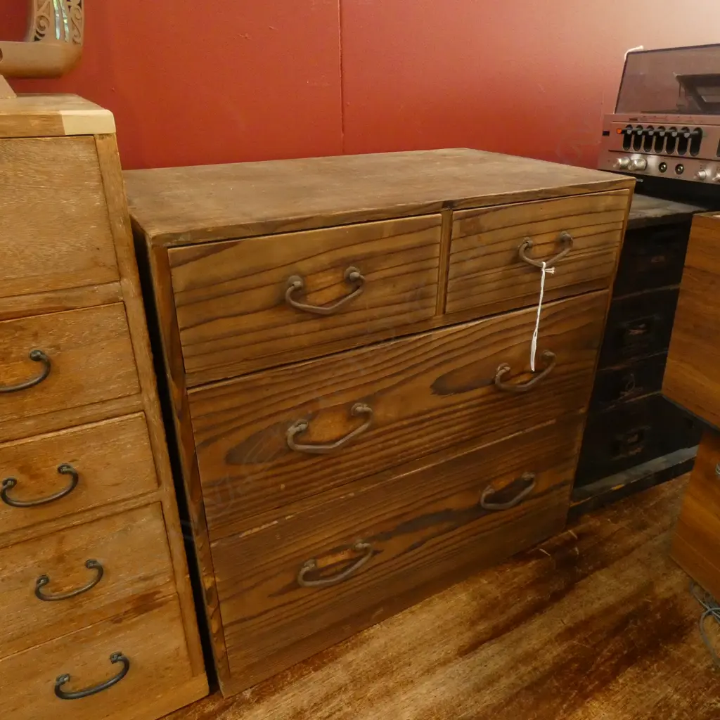 VINTAGE SM 4 DRAWER JAPANESE WOODEN TANSU CHEST 510 X 310 X 500MM Image 1++
