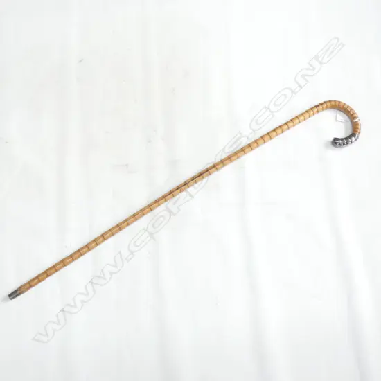 VINTAGE WALKING CANE - TURNED BAMBOO & STG SILVER HANDLE