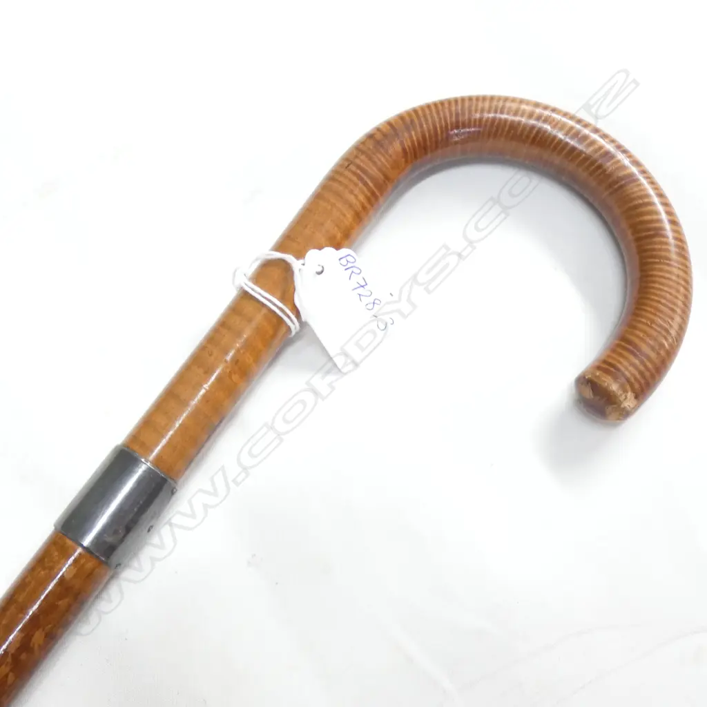 VINTAGE WOODEN CHATOYANCY WALKING STICK - STG SILVER BAND  (WEAR TO END OF HANDLE) Image 1++