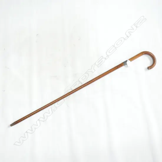VINTAGE WOODEN CHATOYANCY WALKING STICK - STG SILVER BAND  (WEAR TO END OF HANDLE)