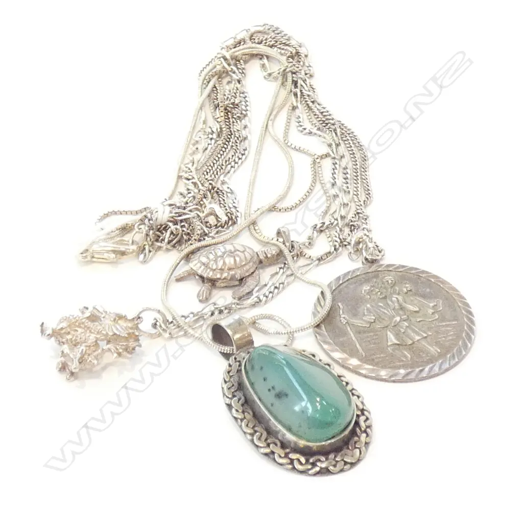 4 SILVER PENDANTS 0N CHAINS. TURTLE-ST. CHRISTOPHER.. Image 1++