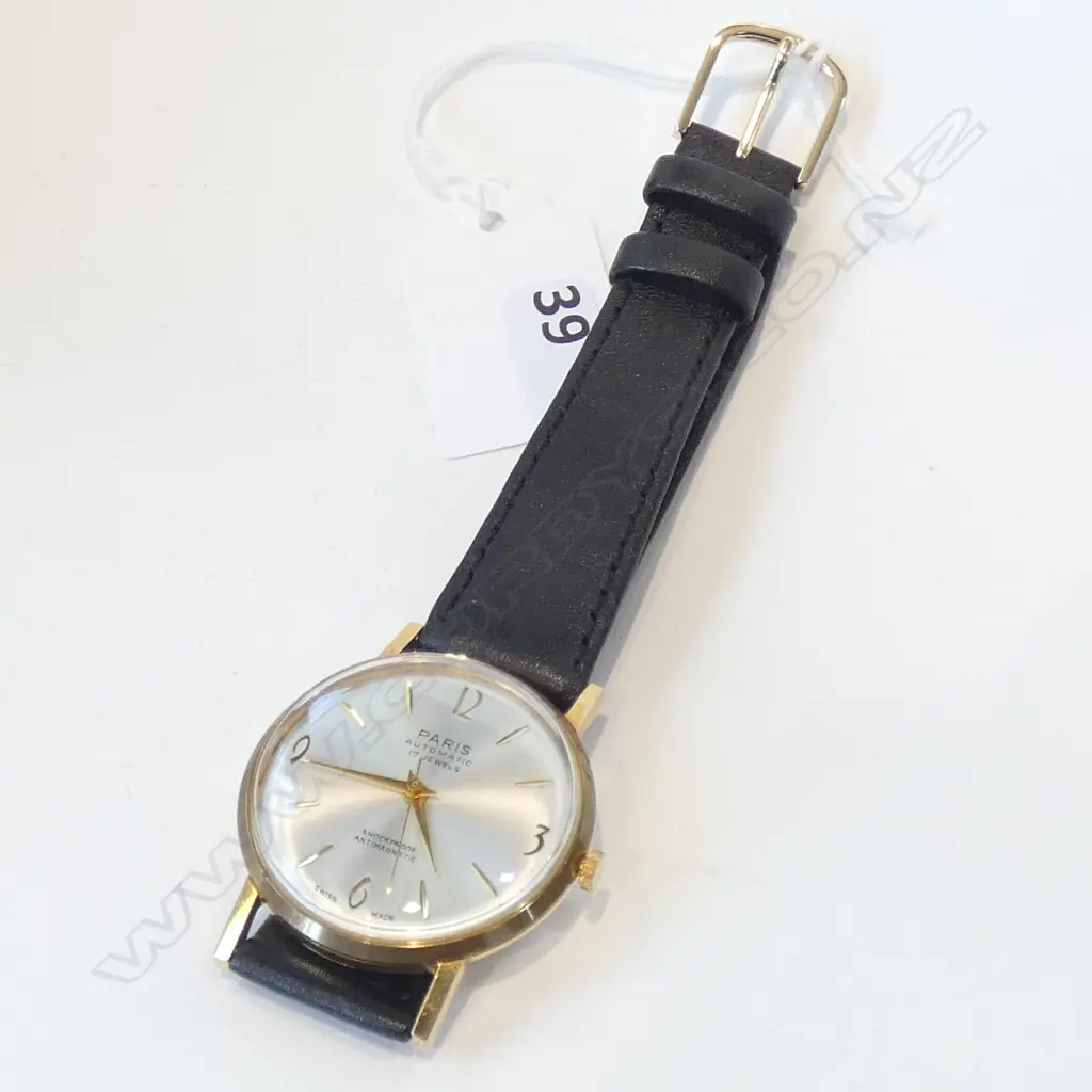 (16152) MENS LEATHER STRAP PARIS 17 JEWEL WATCH - WORKING  Image 1++