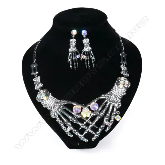 DRAMATIC SKELETAL HANDS COSTUME NECKLACE WITH MATCHING EARRINGS