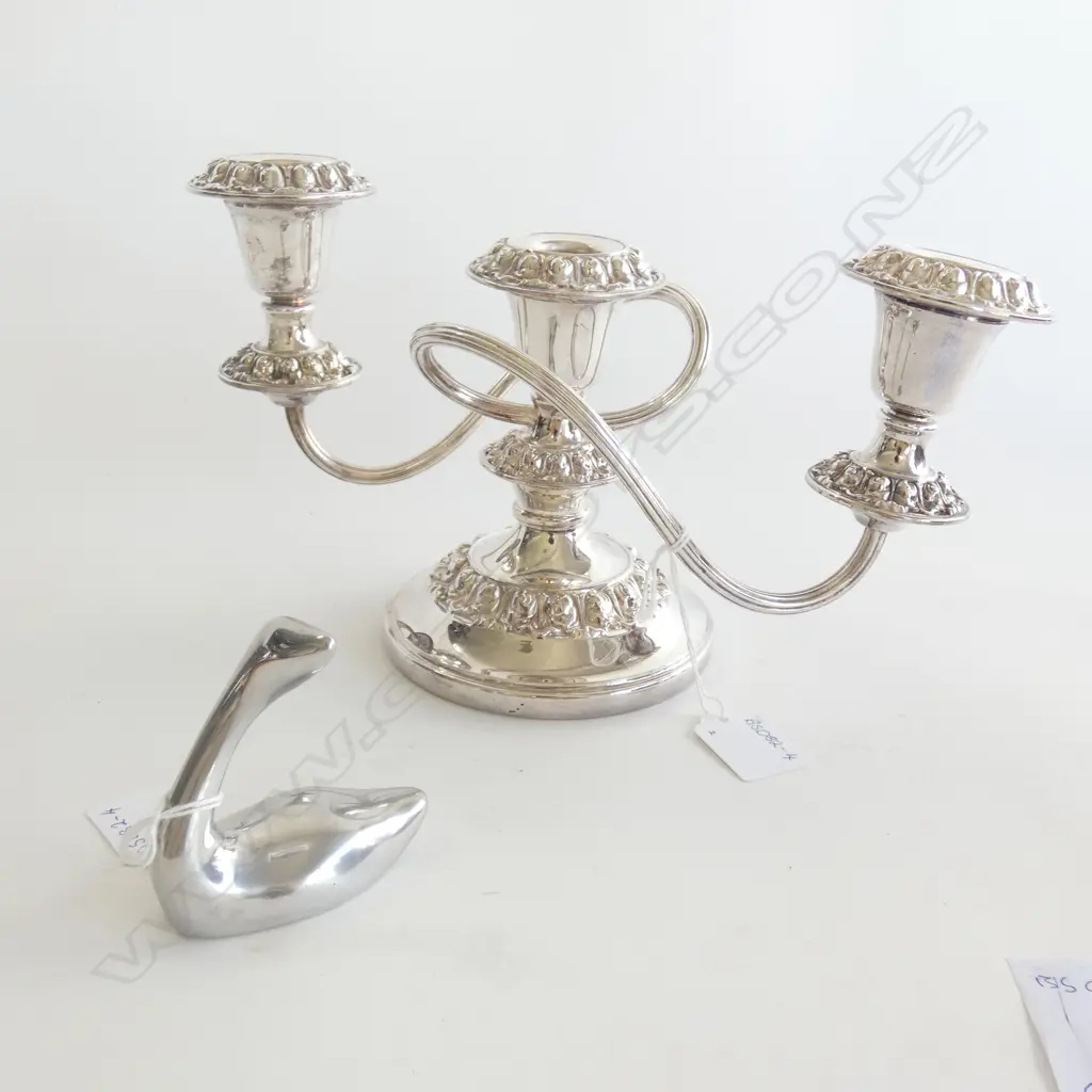 SILVER PLATE CANDELABRA AND STEEL SWAN Image 1++