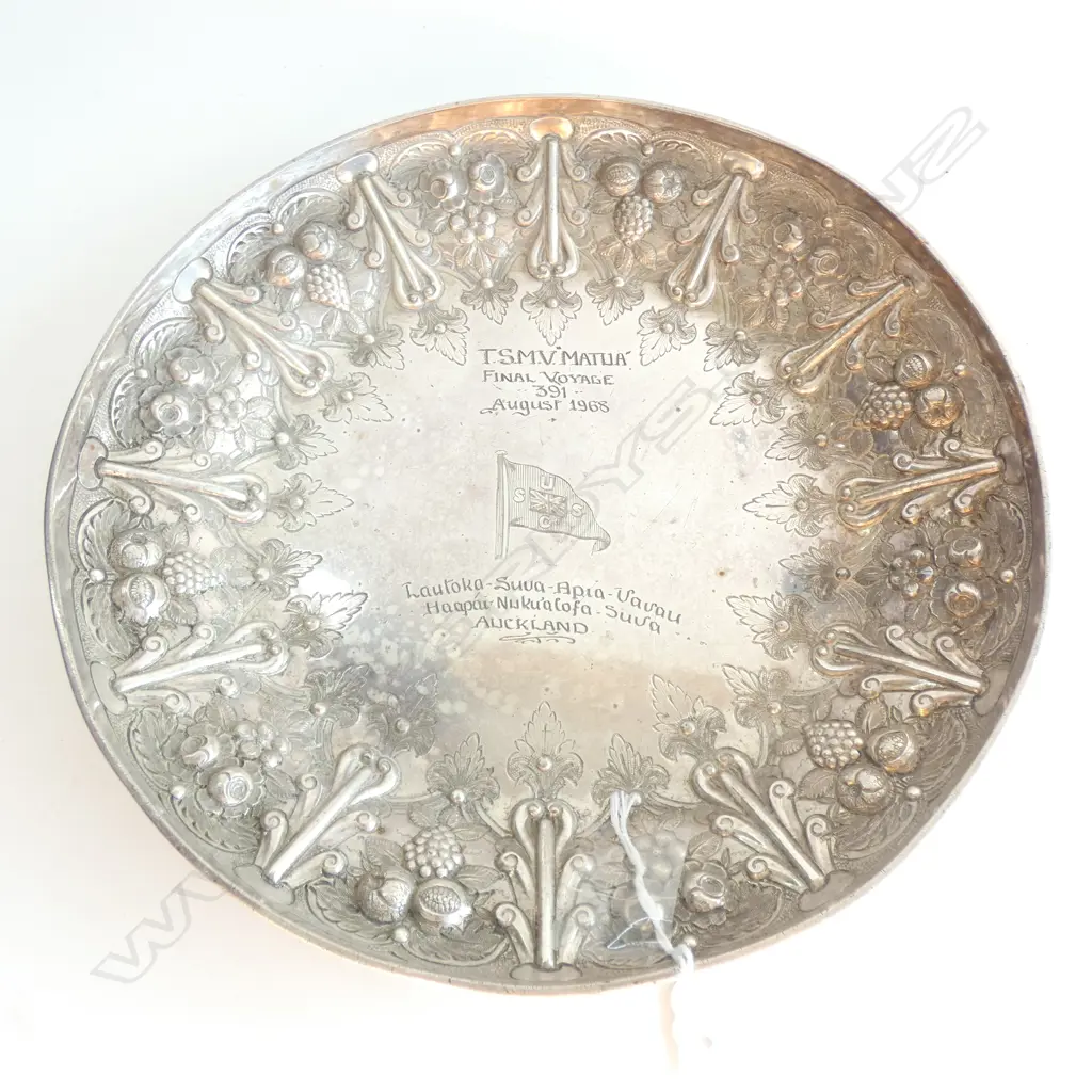 SILVER PLATE PRESENTATION DISH 'TSMV MATUA FINAL VOYAGE' AUGUST 1968 DIA 230MM Image 1++