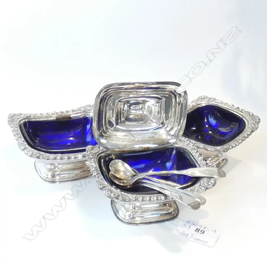 LG 3 PCE SILVER PLATE & BLUE GLASS CRUET SET; 2 S&P DISHES & ONE MUSTARD WITH LID  L 95MM- ALL HAVE SPOONS Image 1++