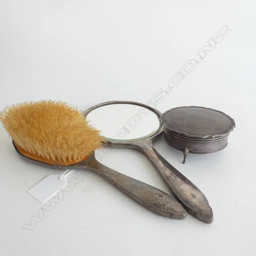 STG SILVER HAND MIRROR, BRUSH & BOX B'HAM 1934 Image 1++