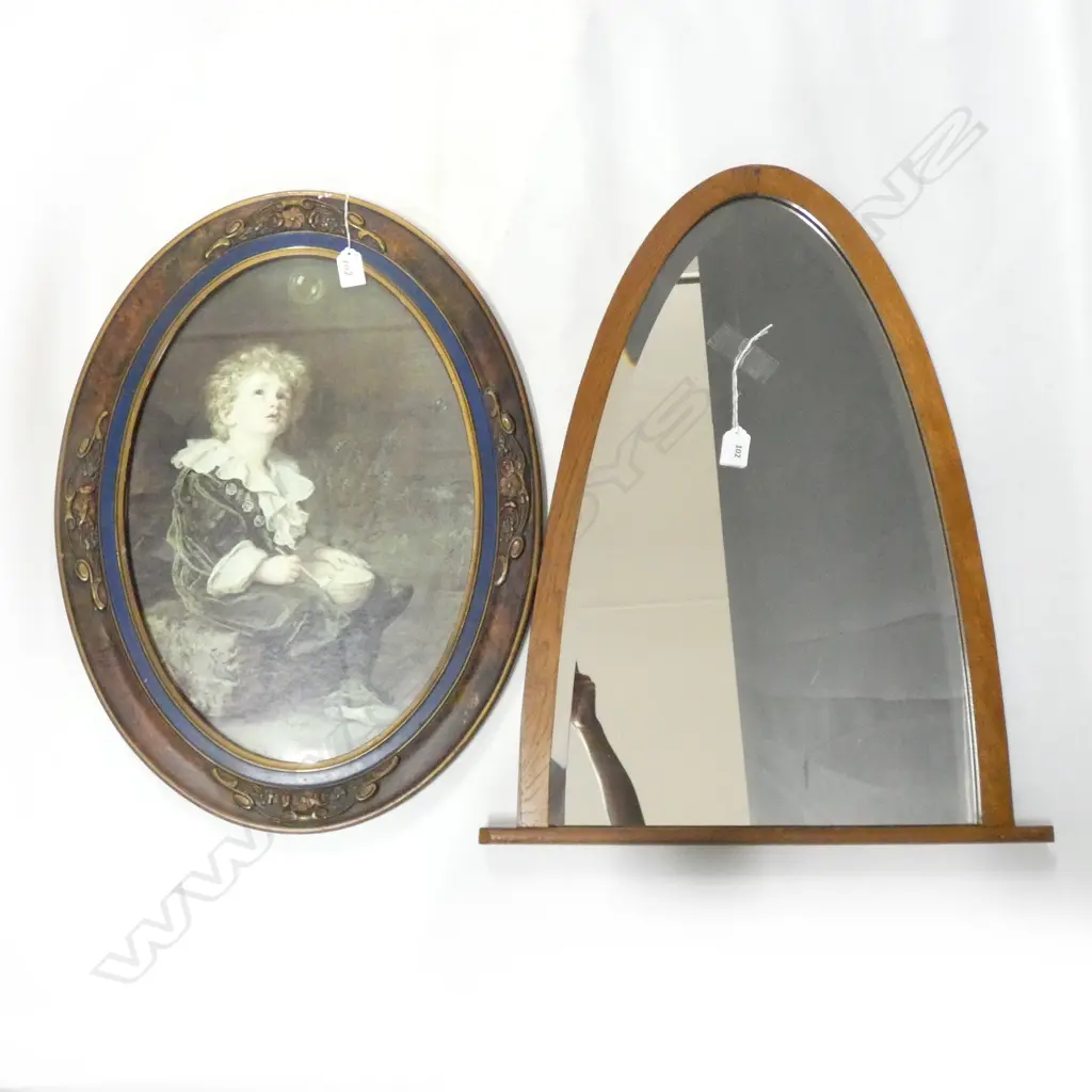 OAK FRAMED BEVELLED MIRROR H.640mm + PRINT OF BUBBLES BY MILAIS Image 1++