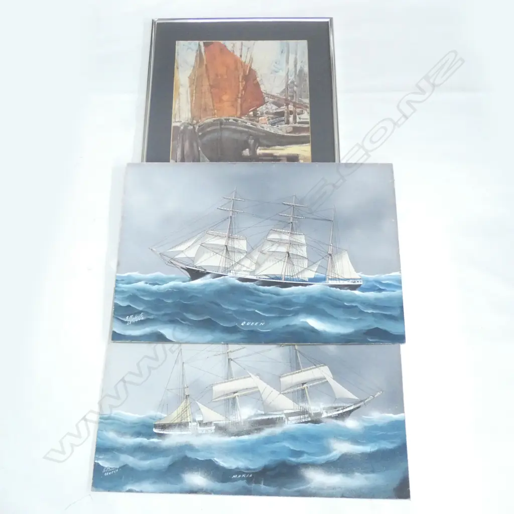 E. ROBERTO 2 SAILING SHIPS; 'MARIA' & 'QUEEN' GOUACHE ON BOARD 425x630mm Image 1++