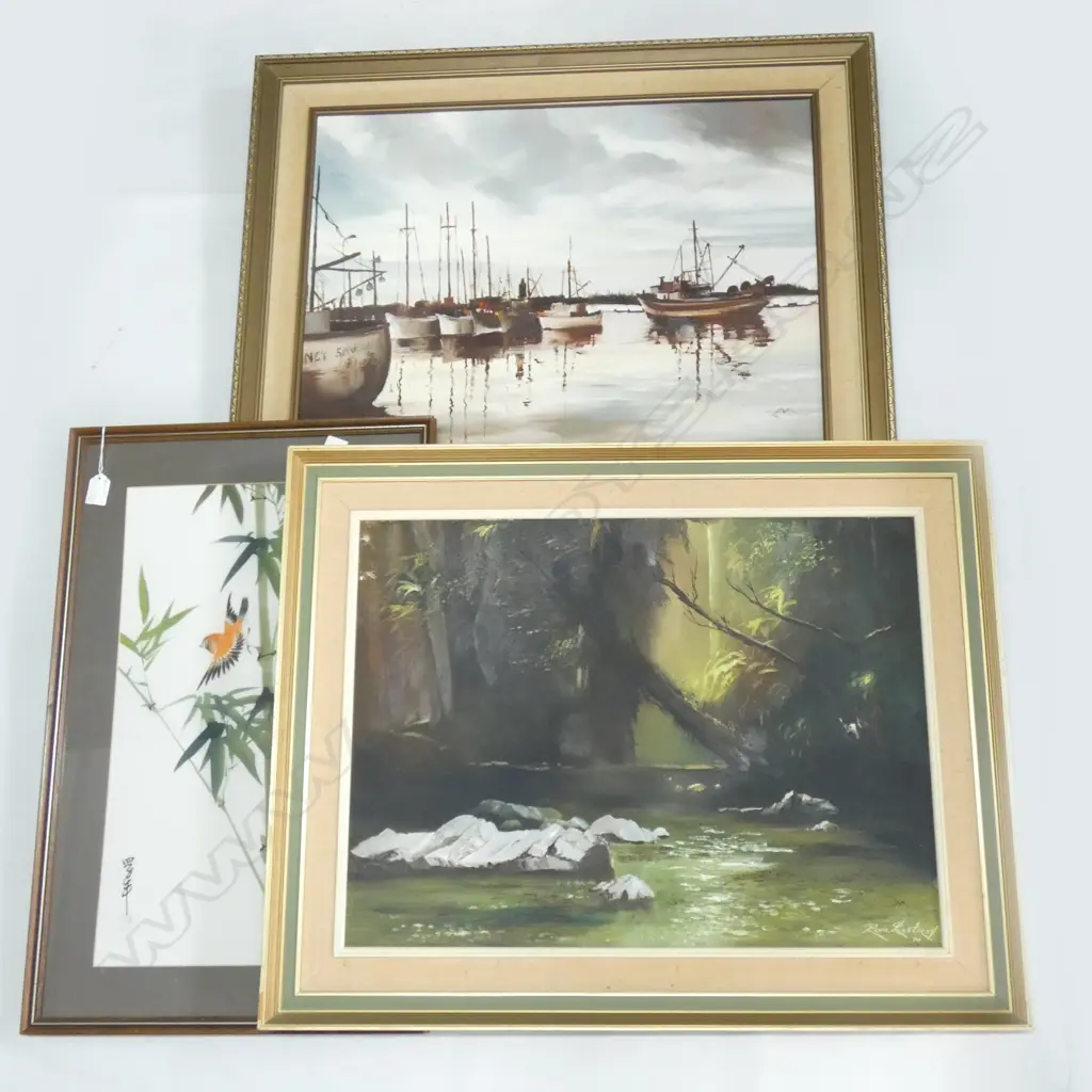 3 ARTWORKS; RON PRESTNEY BUSH OIL 445x600mm & BOATS SCENE +ORIENTAL BAMBOO W/C ON FABRIC  Image 1++