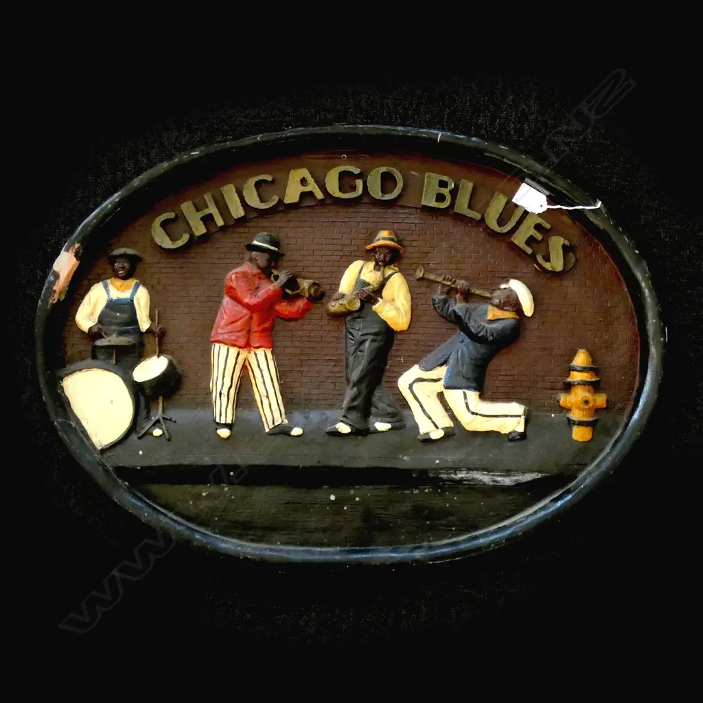 CHICAGO BLUES JAZZ BAND SHOP / PUB SIGN - REPRODUCTION - HAS SOME REPAIRS 665 X 475MM Image 1++